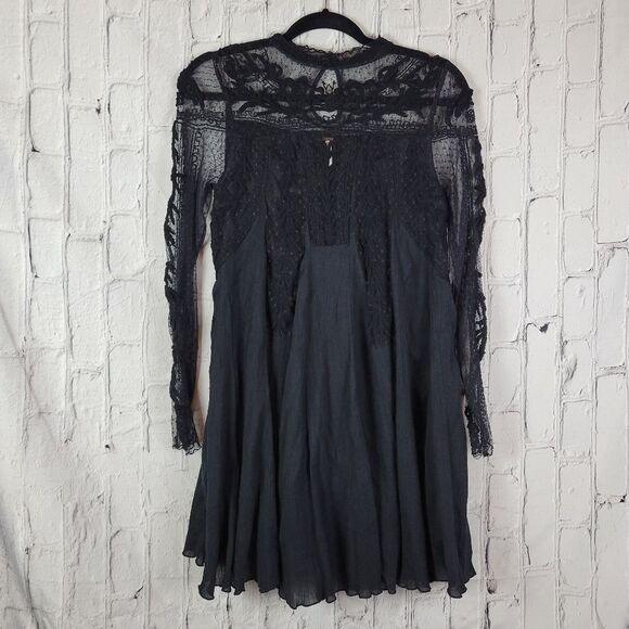 Free People rare Write About Love solid black lace mesh embroidered mini dress - Picture 5 of 12